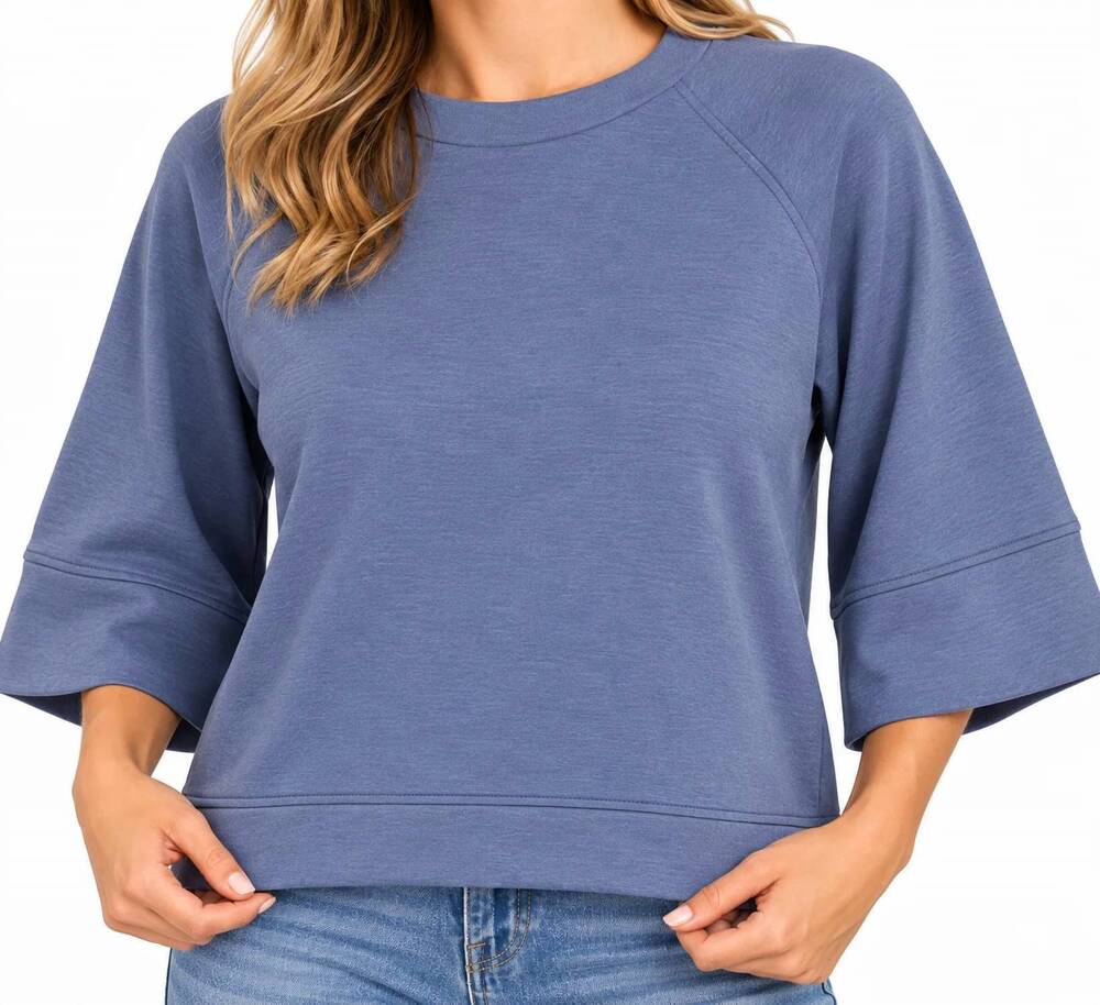 NEW ZENANA scuba 3/4 sleeve pullover in blue indigo